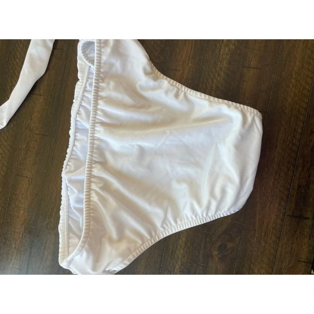 Venus White Halter Bikini Swimsuit Set Gold Accent Roll Waist Bottom Sz A/6 - Picture 5 of 5